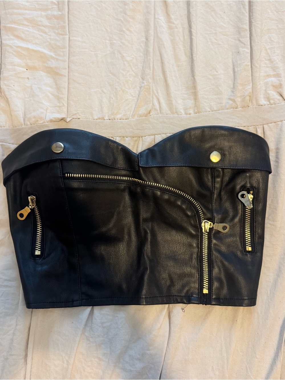 superdown Black Faux Leather Strapless Zip Detail Crop Top